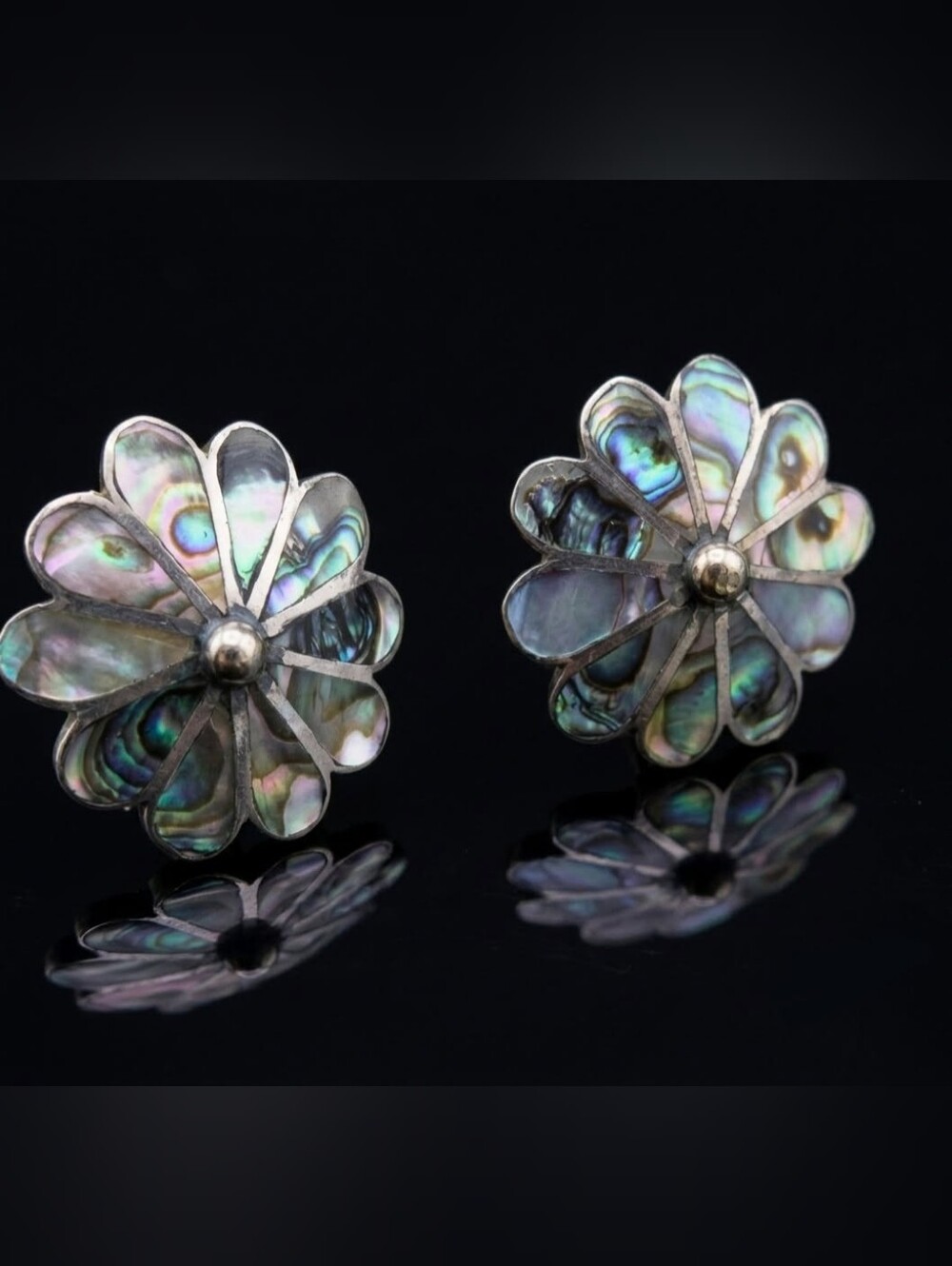 Sterling Silver Abalone Inlay Hecho En Mexico Screw Back Earrings 925 Flower